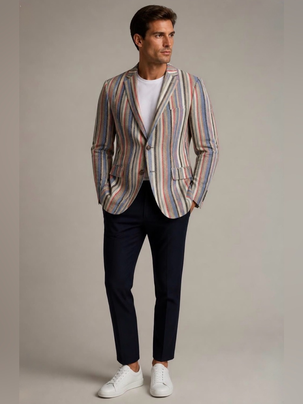 Paisley & Gray Multistripe Linen-Blend Sport Coat in Blue, Red, Gray, Cream